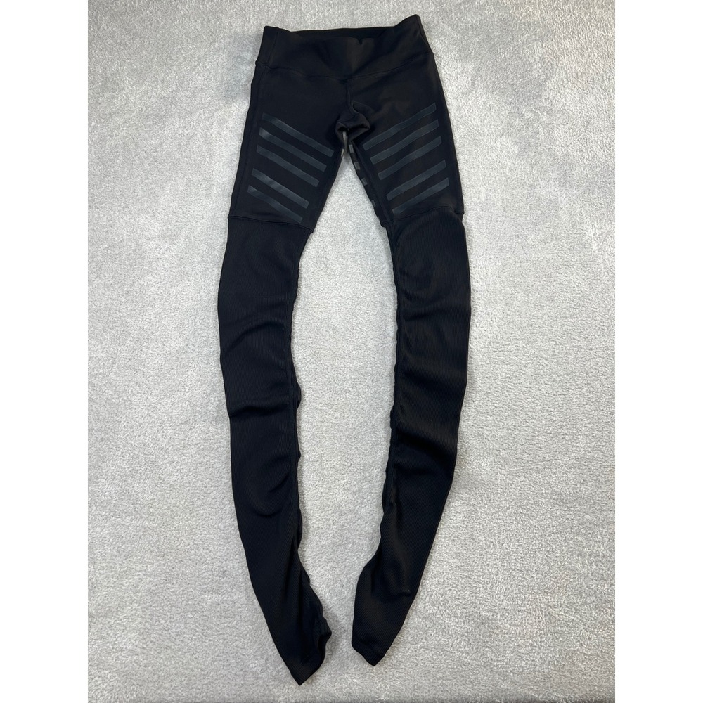 Alo Yoga Goddess Leggings XS Black Ribbed Moto Stripe Activewear Athleisure
